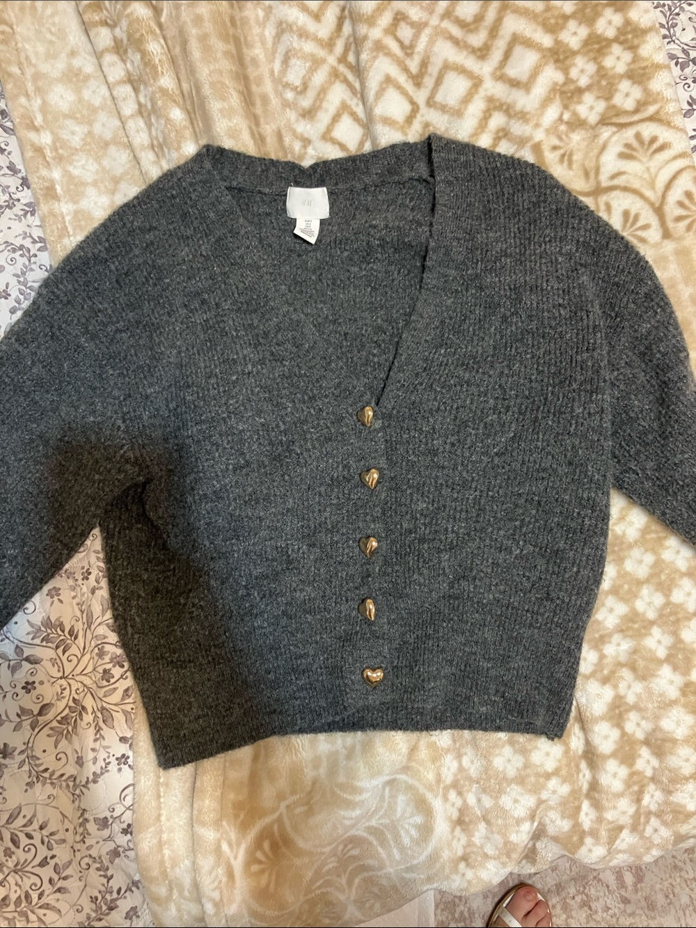 H&M Dark Charcoal Button Heart-Detail V-Neck Cardigan